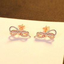 Micro Inlaid Zircon Bow Stud Earrings Gold Mini S925 Silver Love Exquisite - £14.12 GBP