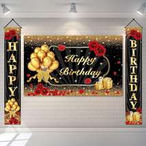 Happy Birthday Decorations for Women Men, Black Gold Happy Birthday Banner Porch - £24.34 GBP