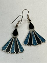 Alpaca Mexico Mosaic Turquoise &amp; Black Onyx 1.5” Drop Dangle Earrings - $22.72