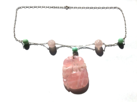 Sterling Carved Rose Quartz and Jadeite Bead Necklace Period Art Deco St... - £213.12 GBP