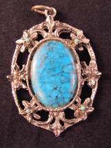 Vintage Faux Turquoise Pendant 2&quot; Silver Tone Oval Pendant W/ Floral Accents - £7.86 GBP
