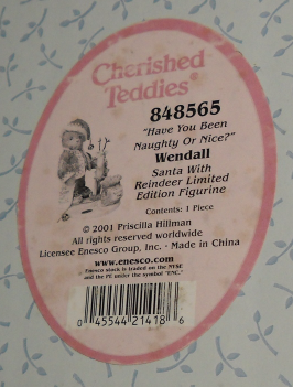 Primary image for Enesco Cherished Teddies Figurine Wendall Artist 2001 Been Naughty or Nice Box