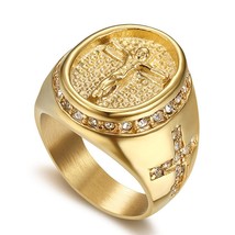Hip Hop Men&#39;s Iced Out Bling CZ Ring Male Gold Color Stainless Steel Jesus Cross - £18.31 GBP