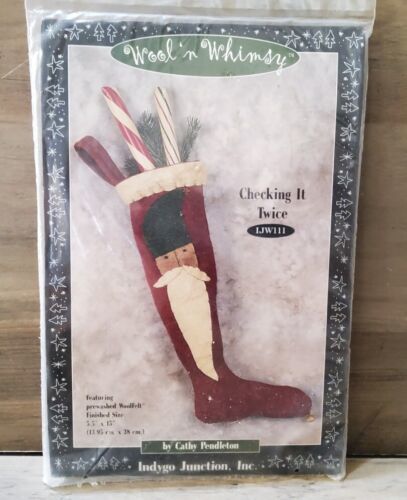 Indygo Junction Wool n Whimsy Checking It Twice 15'' Stocking Kit 2001 Sewing - $18.51