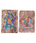 2 VTG Mexico Amate Paper Folk Art Colorful Neon Bird Floral Paintings 12&quot; - $61.11 CAD