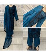 Pakistani Dark Teal 3Pcs Fancy Chiffon Dress with thread embroidery ,XL#2 - $88.11