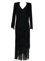 Vintage 70s Joy Stevens California Black textured midi Fringe Flapper Dress Sz 6 - £53.60 GBP