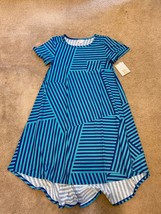 LulaRoe Carly Dress Blue Striped Geometric Geo Unicorn Hi Lo Swing Sz XS X Small - £22.24 GBP