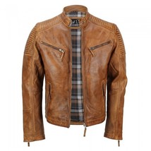 New Men&#39;s Tan Vintage Biker Style Leather Jacket,Waxed Sheep Skin Fashio... - $179.99
