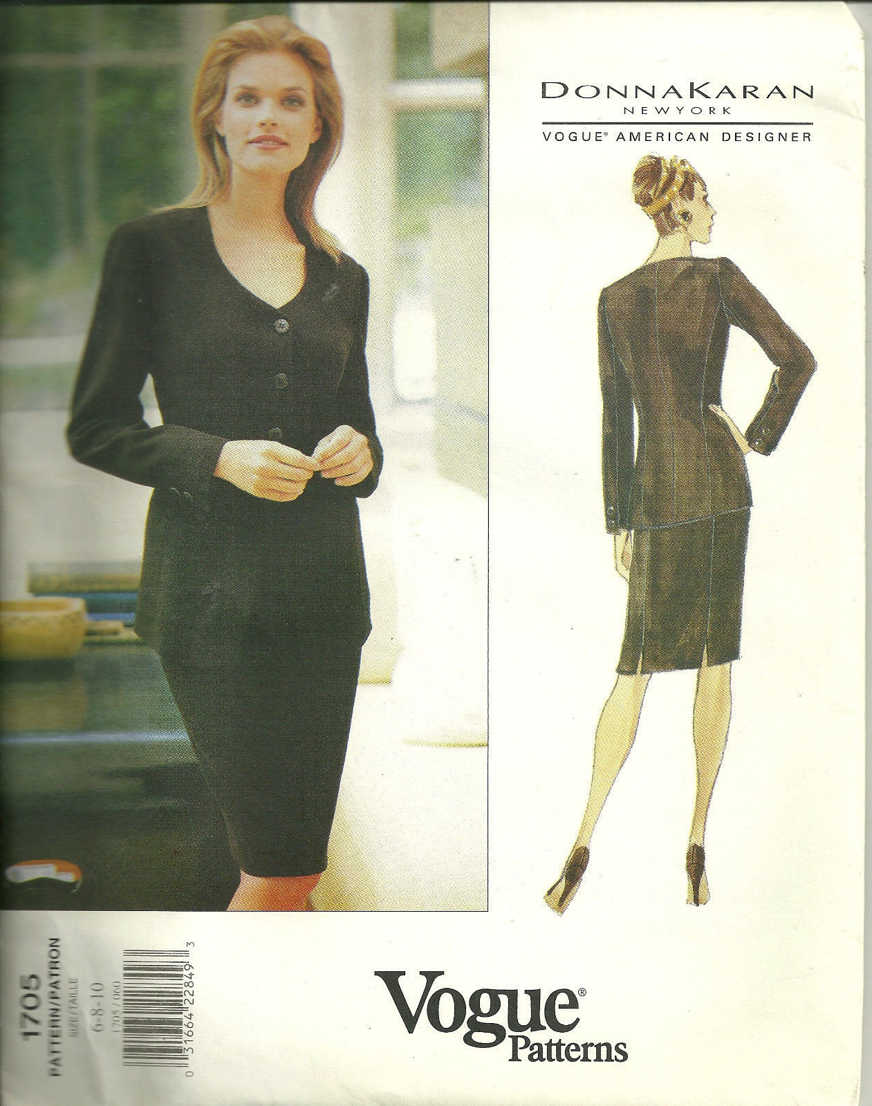 Vogue 1705 Designer Donna Karan Size 6 8 10 Scoop Neck Suit Pattern Uncut 1990s - $14.69