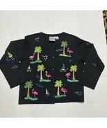 Michael Simon Cardigan Size M Black Embroidered Beaded Palm Trees Flamingos - $637.81 MXN