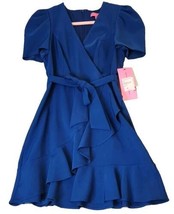 Betsy Johnson Women&#39;s Puff Sleeve Ruffle Hem Fit Flare Blue Mini Dress Sz 4P NWT - £35.44 GBP