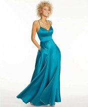 City Studios Juniors&#39; Stretch Satin Faux-Wrap Gown Teal Size 3 $129 - £35.12 GBP