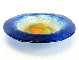 Vintage Fused Glass Fruit Bowl, Wide Cobalt Blue Rim, Splatter Paint Interior Ar - £23.08 GBP