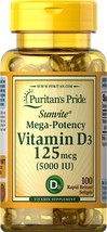 Puritan&#39;s Pride Vitamin D3 Mega Potency 5000 IU Bolsters Immune Health System Su - £15.92 GBP