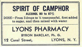 1 Vintage Pharmacy Label Spirit Of Camphor Lyons Pharmacy Lyons New York - £18.10 GBP