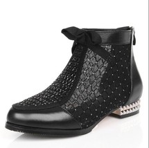 Spring Summer New Bow Genuine Leather Women Boots Hollow Mesh Ankle Boots Comfor - £54.18 GBP
