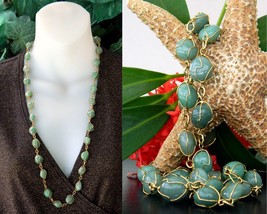 Vintage Green Gemstone Necklace Gold Tone Wire Wrapped Polished Stones - $24.95