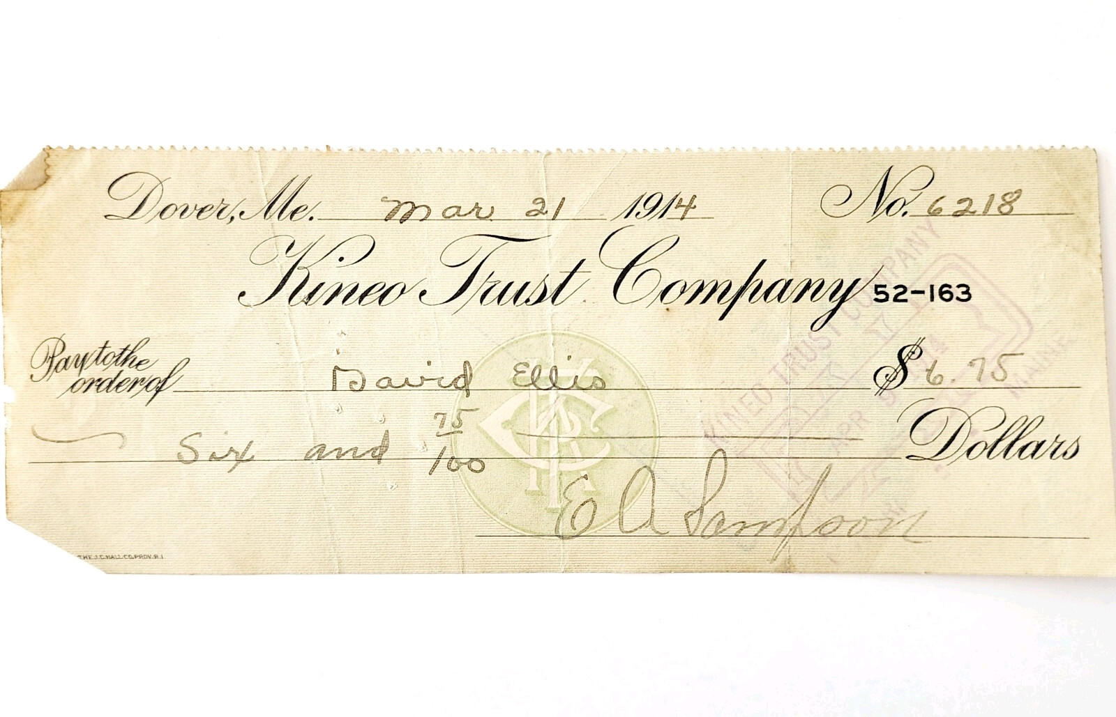 1914 Kineo Trust Company Bank Check E.A. Sampson Dover Maine Signed 6218 CHX10 Item image 2