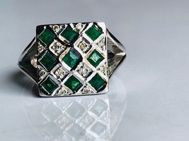Square shape emerald ring with diamonds in 925 sterling silver - $147.99