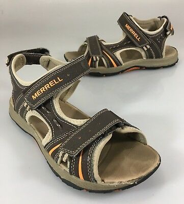 Merrell Kids 4M US 3UK 35EU Panther Brown Leather Sport Sandals Orange Accents - $23.37