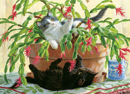 FRAMED CANVAS Art print giclée playful kitten cats cactus flower garden - £31.84 GBP+