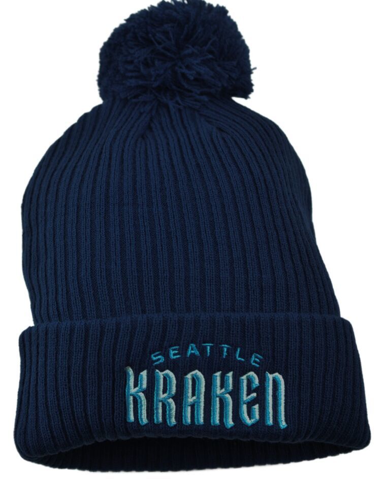 Seattle Kraken Navy Blue Wordmark Logo Pom Cuffed Knit Men's Winter Hat