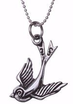 Love Bird Rockabilly Swallow Fine Sterling Silver Pendant 18&quot; 925 Femme Metale - £64.14 GBP