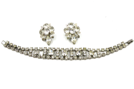 Vtg Eisenberg Ice Rhinestone Necklace &amp; Clip On Earring Set Silver Tone Bridal - £58.62 GBP
