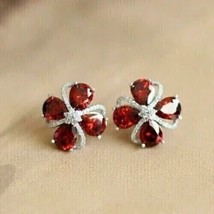 2.40Ct Pear Simulated Garnet Flower Stud Earrings 14K White Gold Plated Silver - £84.18 GBP