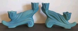 Vtg Signed Pair Van Briggle Art Pottery Double Tulip Aqua Blue Candle Holders  - £33.98 GBP