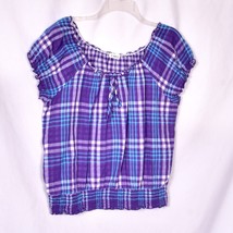 Cato Plaid Top Stretch Elastic Waist Band Size Small Purple - $12.37