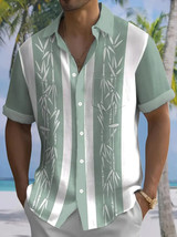 Bamboo Print Men&#39;s Color Block Short Sleeve Button Down Shirt With Chest Pocket, - £23.90 GBP