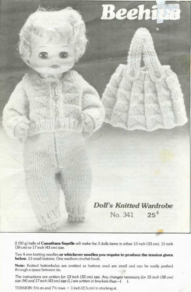 Knitting pattern for 13 - 17 in dolls wardrobe. Beehive 341. PDF - $1.70