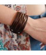 Boho Braided Leather Wide Wrap Adjustable Snap Cuff Bracelet Brown - $332.02 MXN