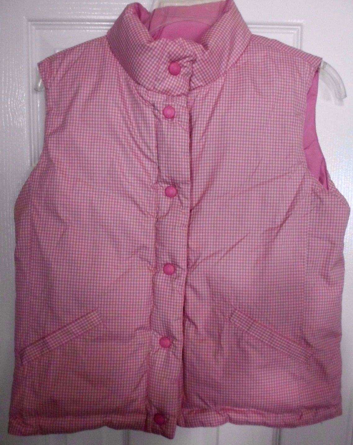 Gap Kids PINK reversible down vest 14 XXL large girls puffer feather plaid check - $17.59