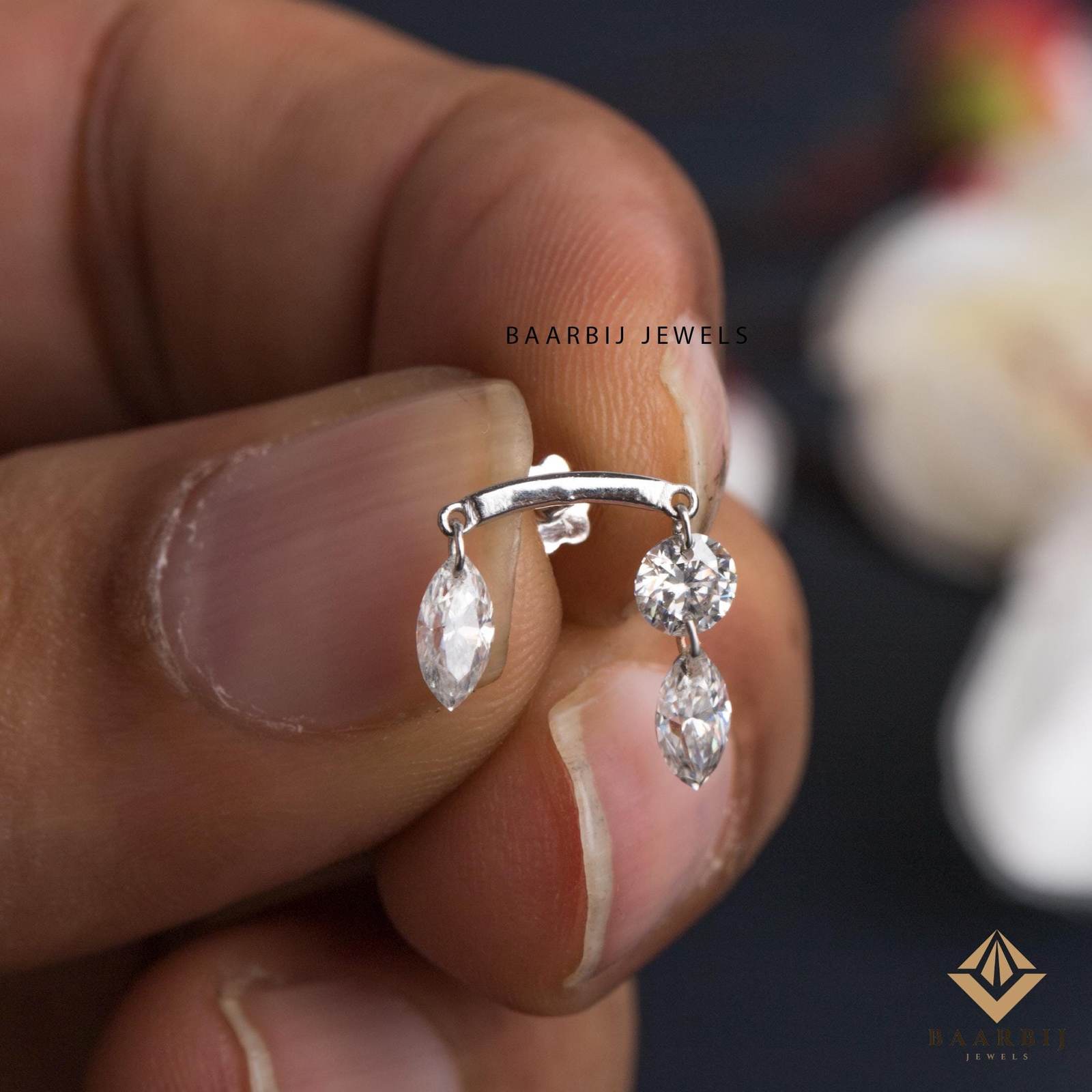 Margaret Floating Marquise and Round Diamond Drape Helix Threaded Stud P... - $235.00