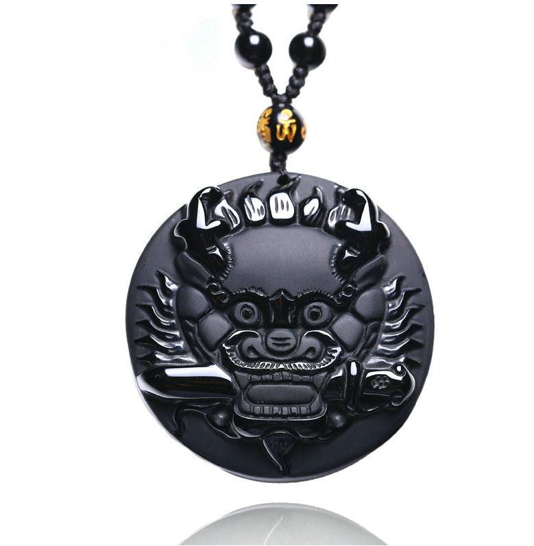 natural Obsidian stone Hand carved Chinese dragon head charm pendant nec... - $15.83