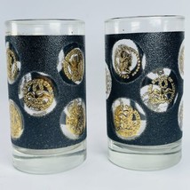 2 Libbey Gold Coin Glass Black Gold Highball Heavy Base Tumblers Vintage - $15.63