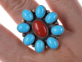 Eula Wylie Navajo Turquoise/coral cluster ring - £264.49 GBP