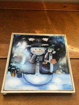 Vintage Xinji Signed Cute Snowman Christmas Holiday Square Tile in White Painted - £7.56 GBP