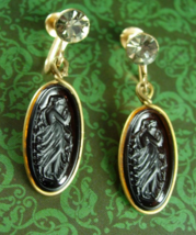 Antique Earrings Art NOUVEAU amber glass cameo Goddess Smoky topaz vintage  tops - £98.86 GBP