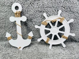 Rustic Nautical Anchor &amp; Ship Wheel White Home Decor Figurine - $47.42