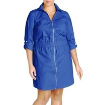 NWT MICHAEL KORS Zip Front Shirt Dress Royal Blue 2X Roll Tab Sleeve Cotton - $49.49