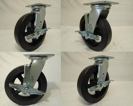 8&quot; x 2&quot; Swivel Casters Rubber Wheel on Steel Hub Brake (4) 600lb each To... - £99.05 GBP