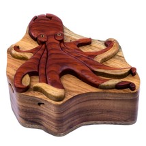 Octopus Wooden Intarsia Puzzle Box Secret Chamber Handmade Handcrafted - £25.86 GBP