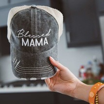 Script Blessed Mama Embroidered Black Distressed Trucker Hat - £19.35 GBP