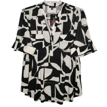 NWT Cocomo Plus Size 2X Black &amp; Ivory Geo Print Pintuck 3/4 Sleeve Top - £28.14 GBP