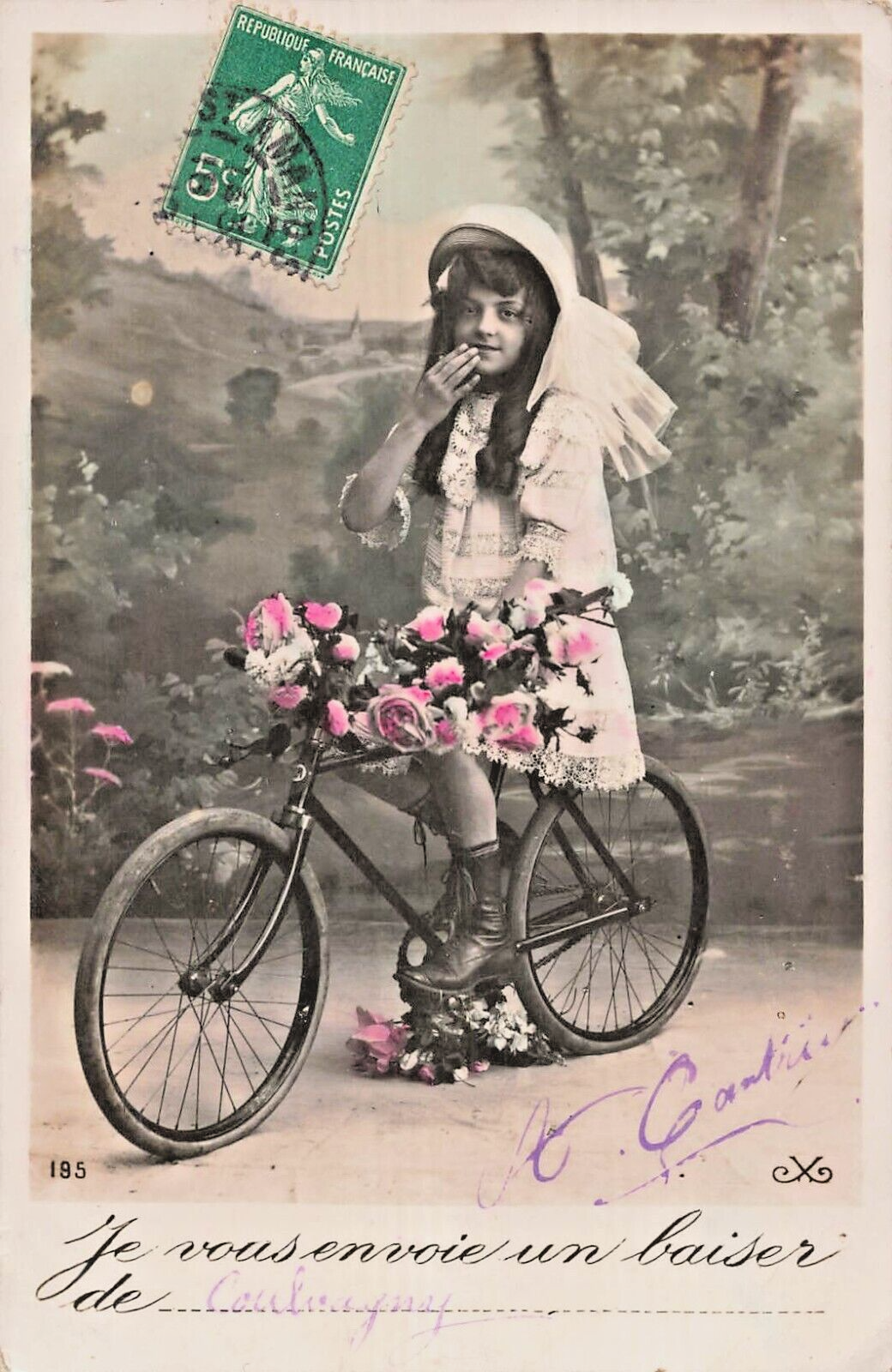 Primary image for CUTE YOUNG GIRL ON BICYCLE WITH FLOWERS~FRANCE COLOR PHOTO POSTCARD