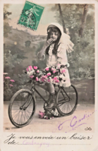 CUTE YOUNG GIRL ON BICYCLE WITH FLOWERS~FRANCE COLOR PHOTO POSTCARD - £6.22 GBP